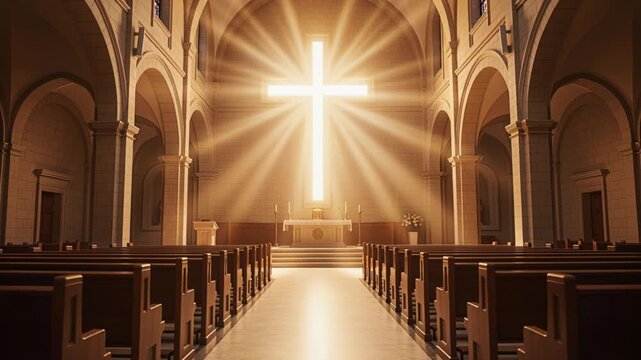 Shining golden emblem gently lights up majestic church surroundings