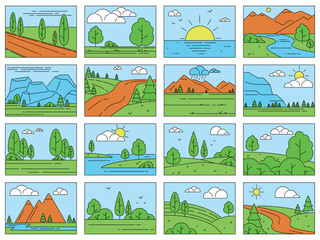 Naklejka premium Landscape color icons. Linear travel places, outline nature elements, rivers, mountains and trees, simple design, environmental care background, qualitative vector flat style isolated set