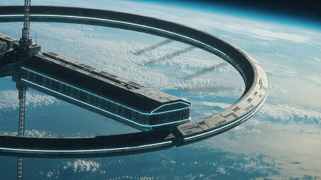 Orbital ring station rotating while camera panning in tech demo, showing cyan-lit module and clouds