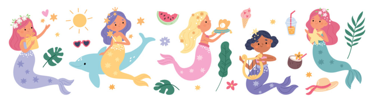 Little mermaids. Cute underwater princesses with colorful fish tails, mythical creatures, little sea girls with long hair, ocean fairy story personage garish vector cartoon isolated set