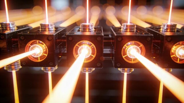 Emitting centered array of optical modules sending orange beams upon start in lab rack with rods