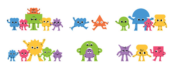 Obraz premium Geometric characters groups. Comic compositions with funny bright shapes, smiling faces, different poses, positive mascots, childish colorful personage, classy vector cartoon isolated set