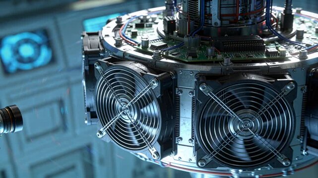 Powering circular module keeping fans spinning and revealing circuits in lab, probe lens left