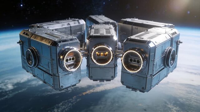 Rotating three orbital modules revealing docking ports in low Earth orbit, camera shifting