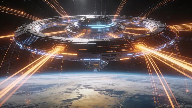 Projecting ring orbital station sending orange beams in low orbit above planet, powering planet