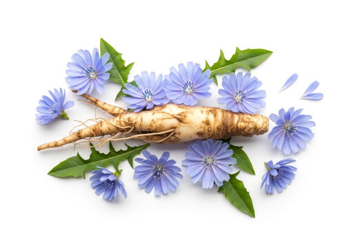 A single, raw chicory root artfully arranged with vibrant blue chicory flowers and jagged green leaves on a stark white background, showcasing the natural beauty and components of this beneficial plan
