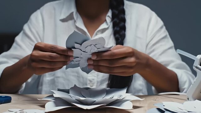 Close-Up of Hands Using Two Hot Glue Guns to Assemble a Large Paper Flower