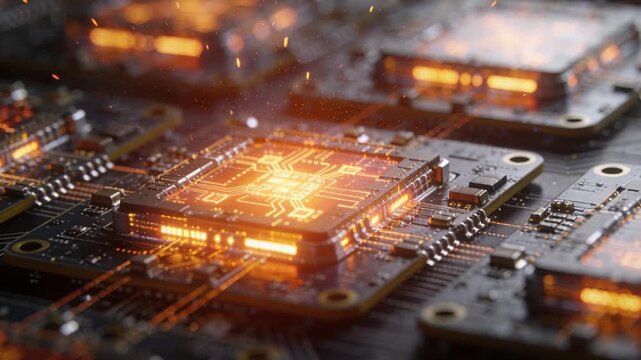 Powering central elevated module emitting orange glow on PCB for testing showing circuit traces