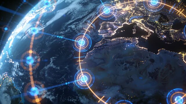 Panning camera starting Earth showing rotating ring, pulsing nodes, highlighting lit Europe coasts
