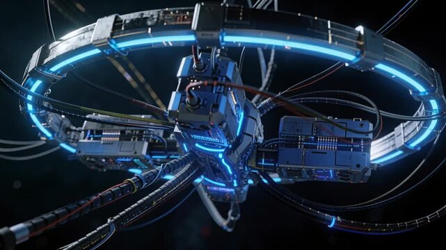 Mechanical assembly powering up, rotating under camera, pulsing LEDs revealing ports for tech demo