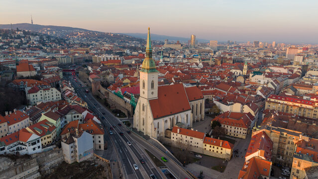 Aerial view of St Martin&rsquo;s Cathedral and historic old town in Bratislava, Slovakia.