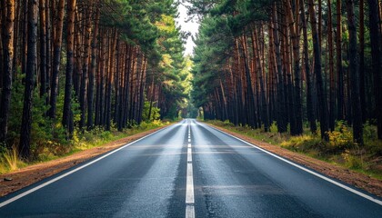 Fototapeta premium Road Through Forest - A Serene Journey into Natures Embrace.