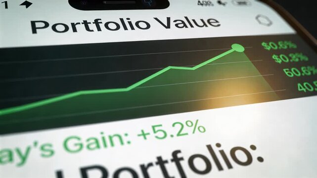 Tilting and zooming camera revealing phone portfolio app screen in studio, showing green peak +5