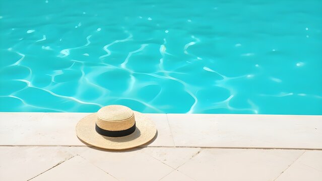 Straw Hat Resting by a Sparkling Blue Swimming Pool on a Sunny Day.