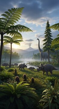 Prehistoric dinosaurs in a lush forest.