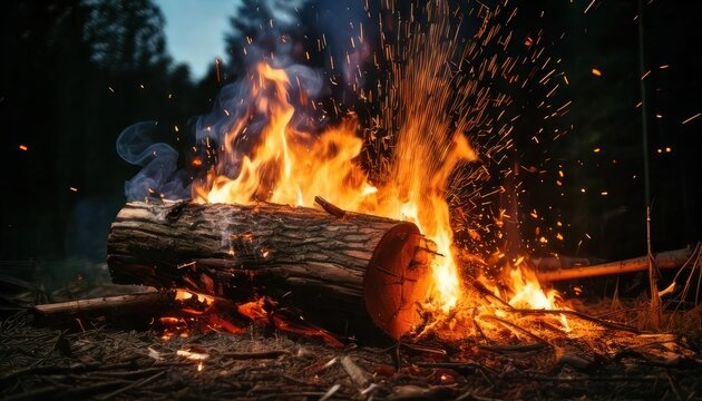 Roaring campfire with burning log and sparks in the dark forest.