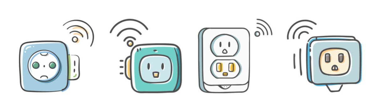 Smart plug icons with wifi signal, wireless electric socket set in hand drawn style, intelligent power outlet vector collection for home automation