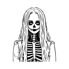 Dibujo con líneas de una chica zombi. Esqueleto de mujer joven con peinado y vestido. Disfraz para Halloween  © teracreonte