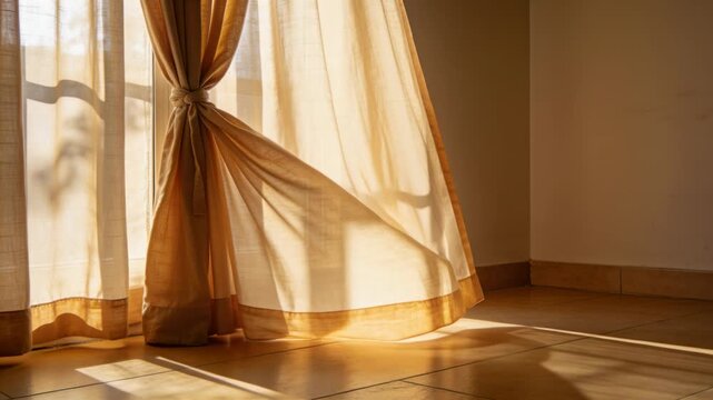 Billowing tied sheer curtain moving with gust through window at home, casting leaf shadows on tiles