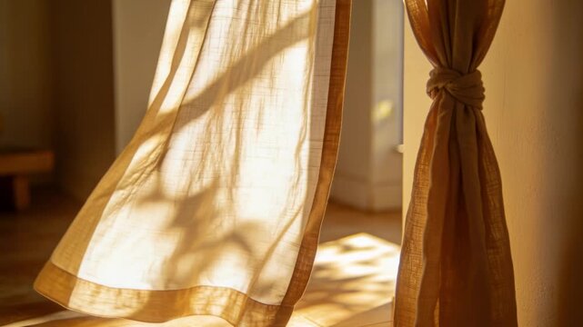 Sheer curtain billowing inward by left sunlight, casting leaf shadows on floor, tan drape right