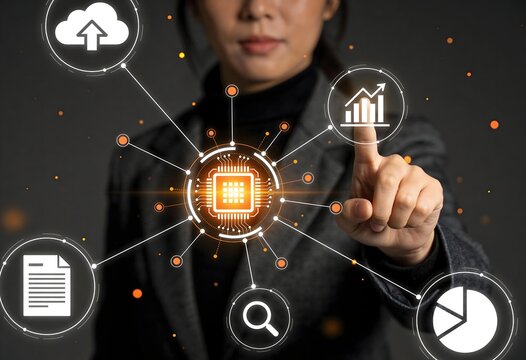 Woman pointing at a central processing unit (cpu) icon at the nexus of a digital network, surrounded by various data and business icons.