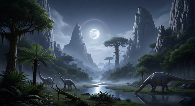Prehistoric landscape with dinosaurs roaming freely.