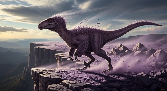 Dinosaur standing on rocky cliff edge.