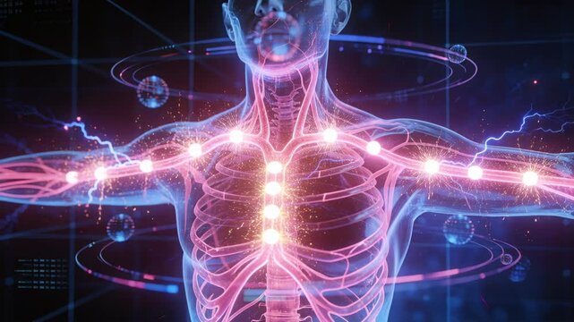 Activating sternum and arm nodes sending blue arcs, torso pulsing pink network for analysis in HUD