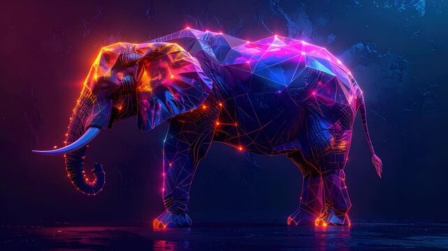 A neon-lit elephant rendered with geometric shapes and glowing lines against a dark background