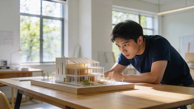 Adjusting Asian male in navy tee at worktable holding scale model after noticing error, copy space