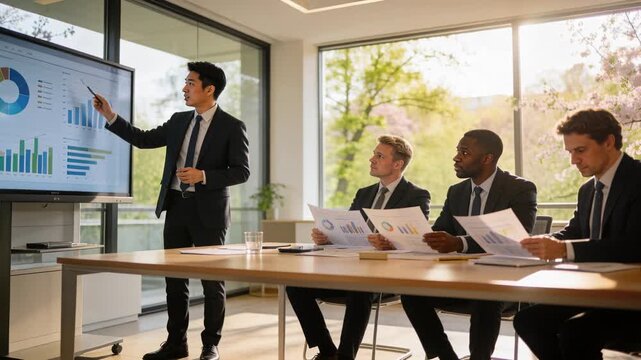 Pointing presenter in suit showing charts on screen in boardroom, men reading handouts, copy space