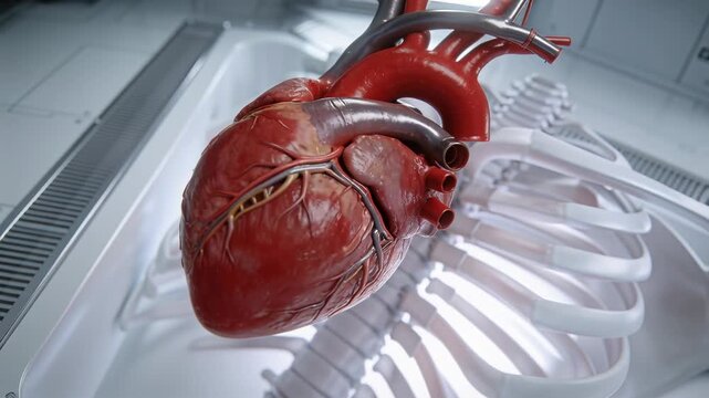 Zooming camera showing synthetic heart model with ribcage in clinical chamber, revealing vessels
