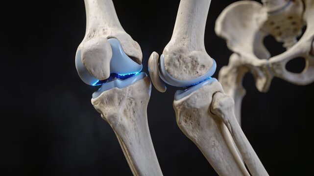 Rotating camera revealing paired knee joint models in studio, highlighting blue cartilage contours