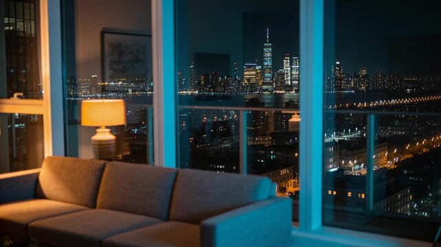 Panning camera revealing three-seat sofa in high-rise living room to show warm lamp and lit skyline