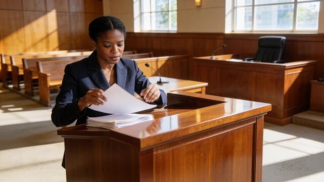 Woman attorney raising two fingers flipping papers and closing palmdown arguing case in courtroom