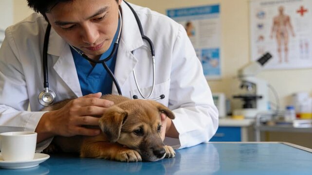 Checking vet in white coat blue scrubs cradling puppy on exam table for checkup with stethoscope