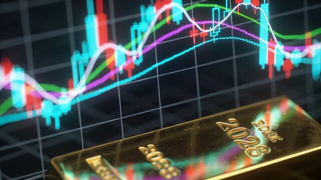 Animating candlestick chart causing gold bar stamped 2023 casting moving colors on base, copy space
