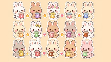 Fototapeta premium Collection of Cute Kawaii Bunnies Holding Cozy Mugs of Warm Drinks, Adorable Characters with Sweet Expressions