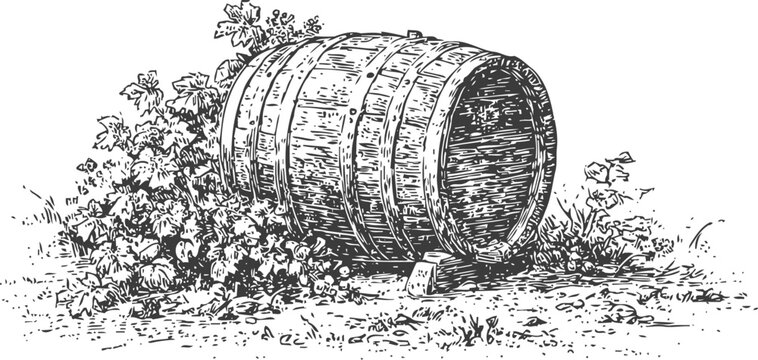 Wooden barrel lying on the ground surrounded by grapevine leaves and grass in vintage sketch