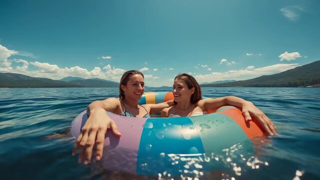 Camera starting, floating two women relaxing and leaning on colorful tube in mountain lake, bikinis