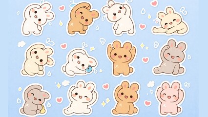 Obraz premium Whimsical set of adorable pastel rabbits, each expressing sweet emotions and engaging in cute, playful actions, perfect for charming designs