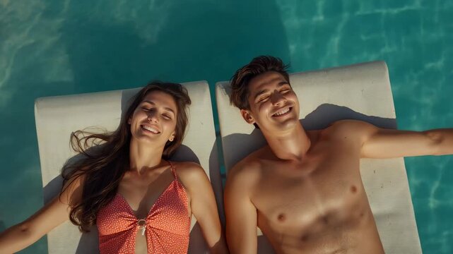 Relaxing couple floating on pool loungers, woman in orange bikini, shirtless man, sunlight shifting
