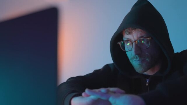 Focused hacker in glasses and dark hoodie sitting in front of a computer screen at night, rubbing his hands together while staring at the monitor. Blue and orange light creates a moody cinematic.