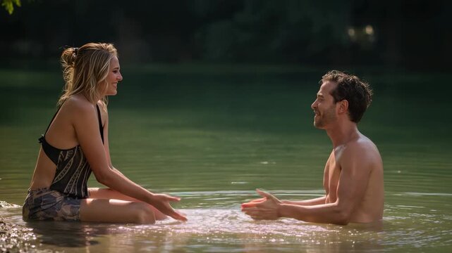 Reaching woman, man lifting hands and splashing water in response at lake, both wearing swimsuits