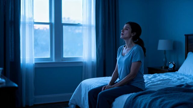 Rising woman in pajamas steadying hands on bed breathing head tilting toward window alarm ringing