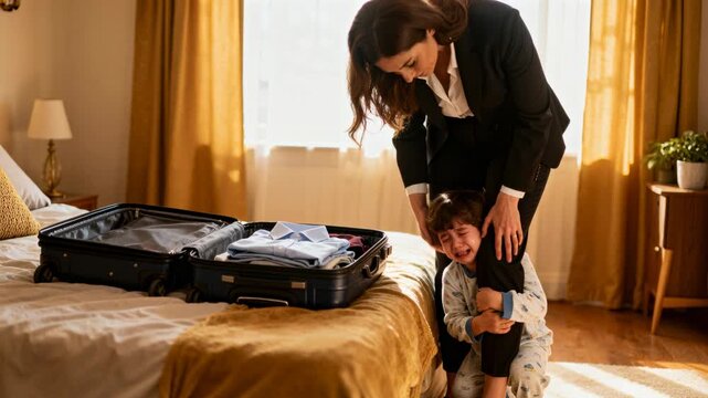 Packing woman in suit loading suitcase on bed, pajama child clinging, leaving for work, copy space
