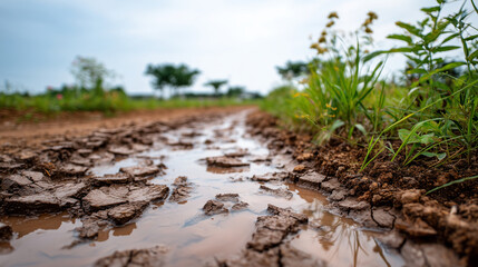 Obraz premium the ground is cracked, and there's an oasis of mud in the middle. the muddy road turns into water that flows out from under it, creating an interesting visual effect. it feels very
