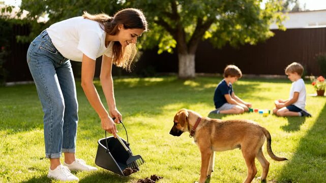 Noticing fresh dog waste, caregiver scooping on yard with dustpan to protect children, copy space