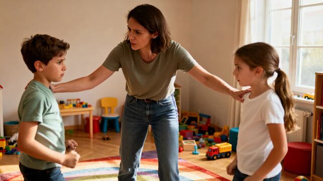 Seeing raised fists, parent in green shirt jeans stepping between siblings stopping fight on rug