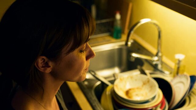 Looking toward cabinet light, woman in dark top pausing at sink, taking breath beside dirty dishes